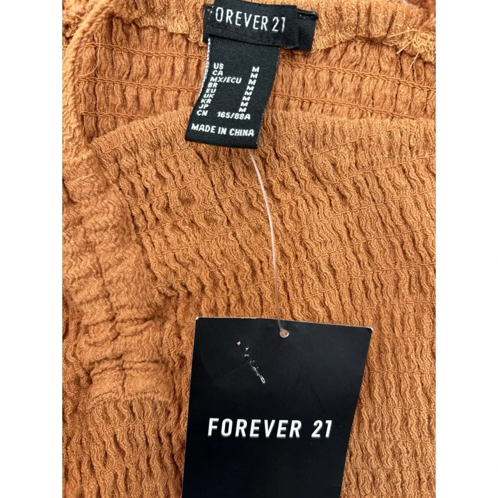 Forever 21 Crochet Lace Back Smocked Crop Top Boho Festival Hippie Brown M NWT - Picture 2 of 7